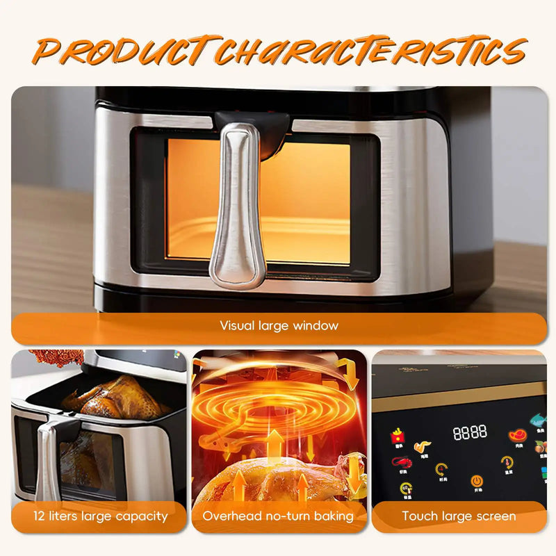 12L Stainless Steel Visible Large Capacity Electric Air Fryer, Multi-function Air Oven, LED Touch Screen,210℃ High Temperature