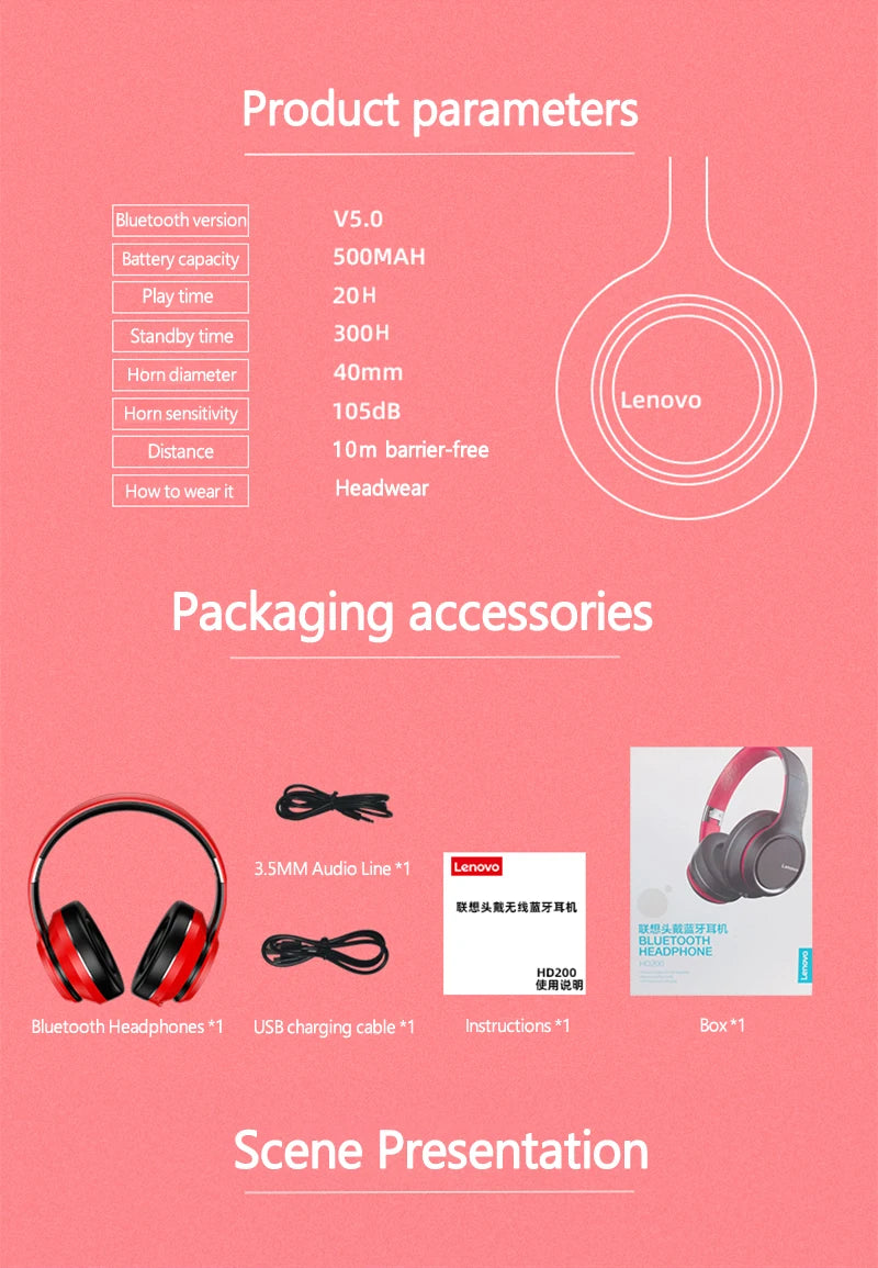 Lenovo HD200 Bluetooth Earphones Over-ear Foldable Computer Wireless Headphones Noise Cancellation HIFI Stereo Gaming Headset