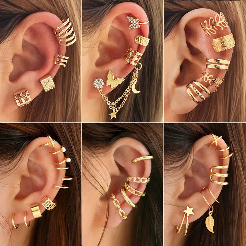 Gold Silver Color Leaves Clip Earrings for Women Creative Simple C Butterfly Ear Cuff Non-Piercing Ear Clips Set Trendy Jewelry