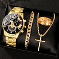 4pcs gold alloy Roman with calendar men's quartz watch and cross necklace bracelet ring set selected gift