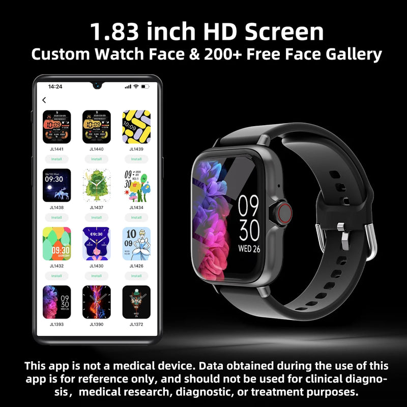 1.83 inch water resistant smart watch with message, responsive 