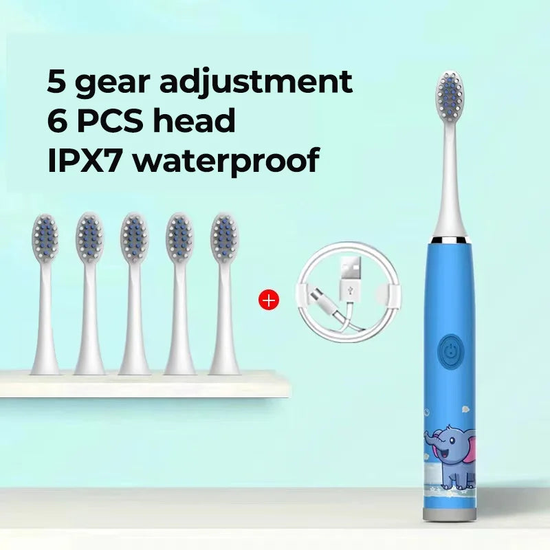 Children Electric Toothbrush Cartoon Kids With Replacement Head Ultrasonic  IPX7 Waterproof Rechargeable Sonic Toothbrush