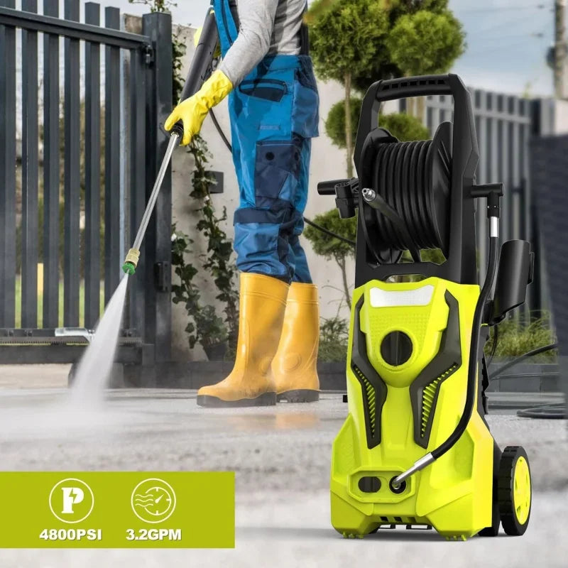 Electric Pressure Washer - 4800 PSI 3.2 GPM Power Washer Electric Powered with 25 FT Hose Reel 4 Interchangeable Nozzle &amp; Foam