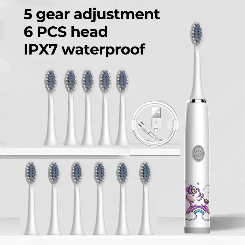 Children Electric Toothbrush Cartoon Kids With Replacement Head Ultrasonic  IPX7 Waterproof Rechargeable Sonic Toothbrush