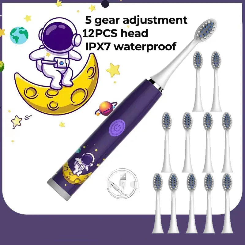 Children Electric Toothbrush Cartoon Kids With Replacement Head Ultrasonic  IPX7 Waterproof Rechargeable Sonic Toothbrush