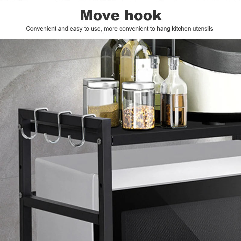 2 Tier Microwave Shelf Carbon Steel Expandable Rack Space-Saving Shelf Organizer with 6 Hooks for Kitchen Worktops White/Black