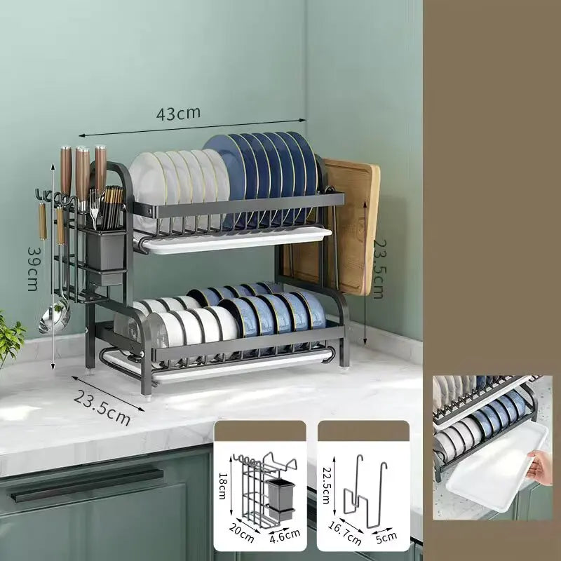 NOVO Escorredor de loiça de cozinha compacto de 2 níveis, escorredor de loiça grande à prova de ferrugem com suporte para utensílios