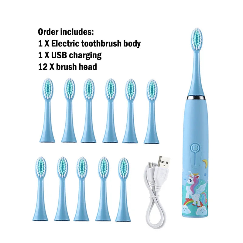 Children Electric Toothbrush Cartoon Kids With Replacement Head Ultrasonic  IPX7 Waterproof Rechargeable Sonic Toothbrush