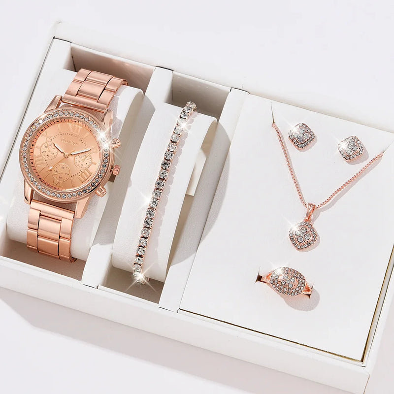 Women Quartz Watch Luxury with Diamonds Simple Stainless Steel Strap Clock Ring Necklace Earrings Rhinestone Set Reloj (no Box)