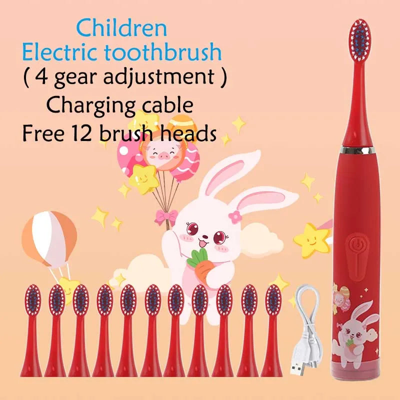 Children Electric Toothbrush Cartoon Kids With Replacement Head Ultrasonic  IPX7 Waterproof Rechargeable Sonic Toothbrush