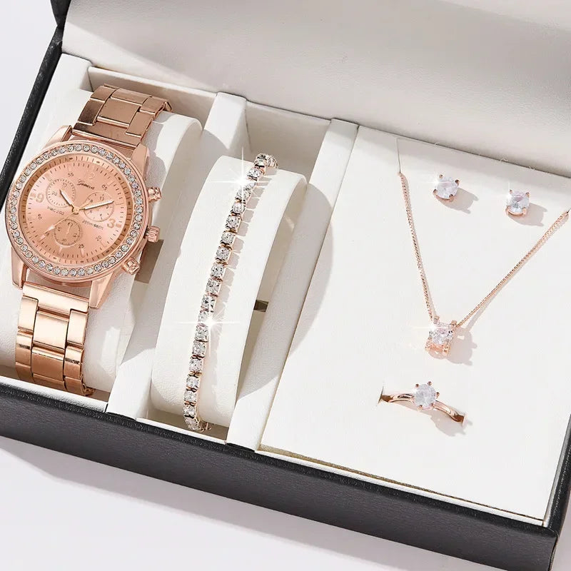 Women Quartz Watch Luxury with Diamonds Simple Stainless Steel Strap Clock Ring Necklace Earrings Rhinestone Set Reloj (no Box)