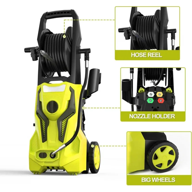 Electric Pressure Washer - 4800 PSI 3.2 GPM Power Washer Electric Powered with 25 FT Hose Reel 4 Interchangeable Nozzle & Foam