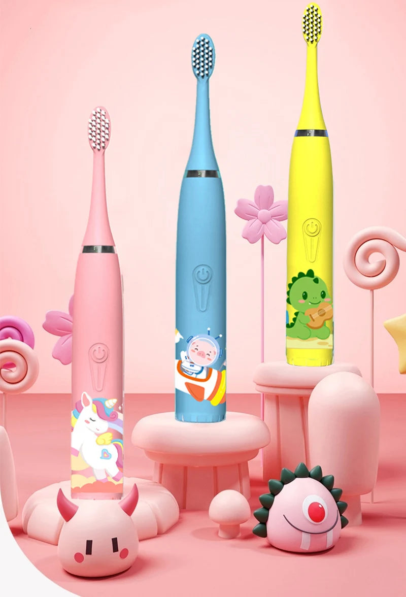 Children Electric Toothbrush Cartoon Kids With Replacement Head Ultrasonic  IPX7 Waterproof Rechargeable Sonic Toothbrush