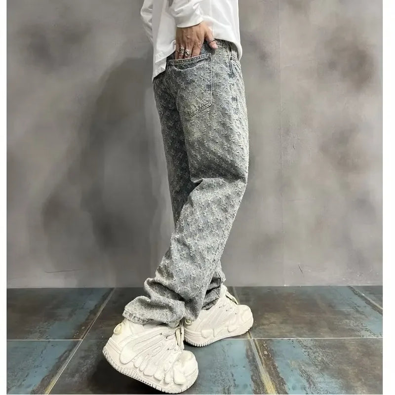 American Style Vintage Men's Jeans Loose Fit Full Printed Design Sensible Niche Straight Leg Pants New Spring Autumn Trendy Bran