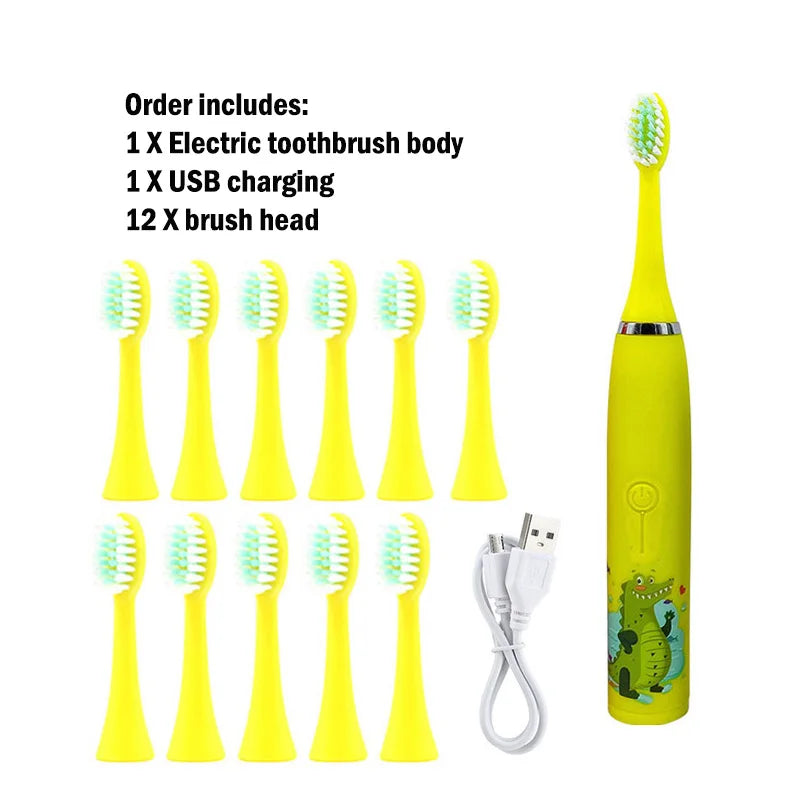 Children Electric Toothbrush Cartoon Kids With Replacement Head Ultrasonic  IPX7 Waterproof Rechargeable Sonic Toothbrush