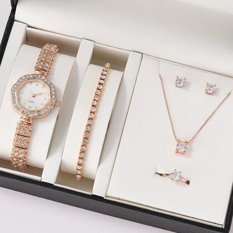 Women Quartz Watch Luxury with Diamonds Simple Stainless Steel Strap Clock Ring Necklace Earrings Rhinestone Set Reloj (no Box)