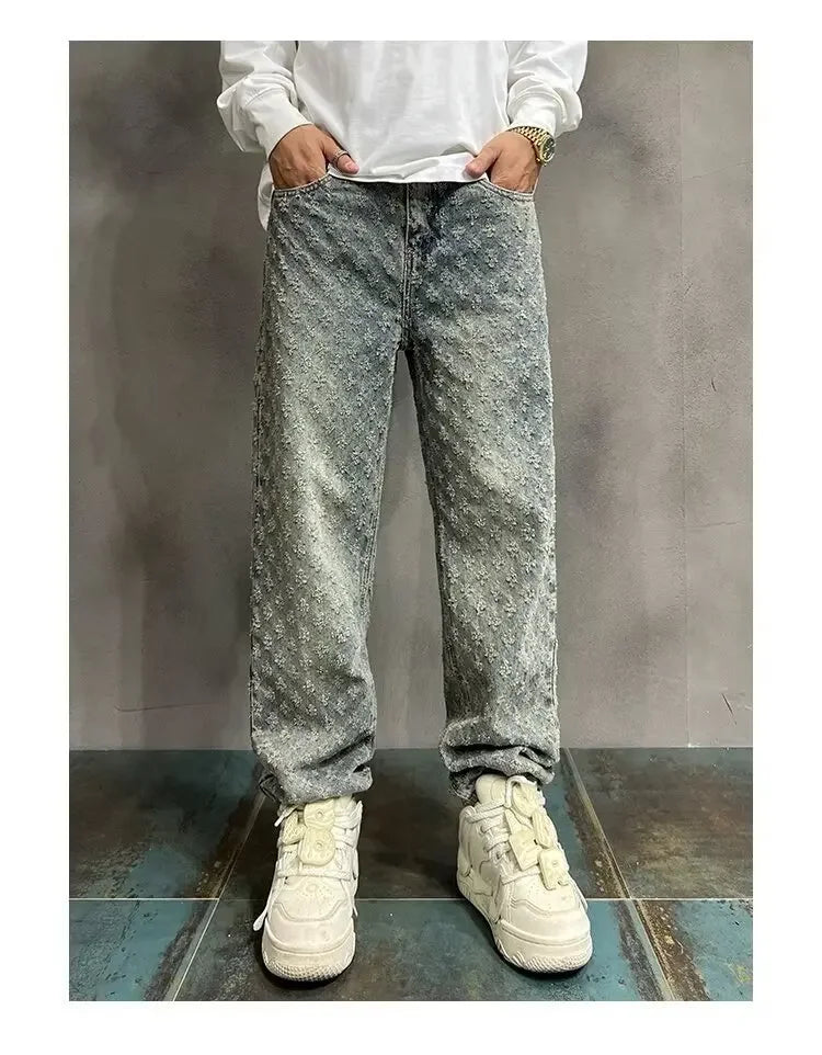 American Style Vintage Men's Jeans Loose Fit Full Printed Design Sensible Niche Straight Leg Pants New Spring Autumn Trendy Bran