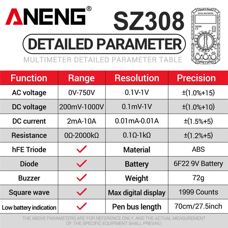 ANENG SZ308 Digital Multimeter   AC/DC Current Meter Voltage Resistance Meter Electrician LCD Backlight Ohm Square Wave Test