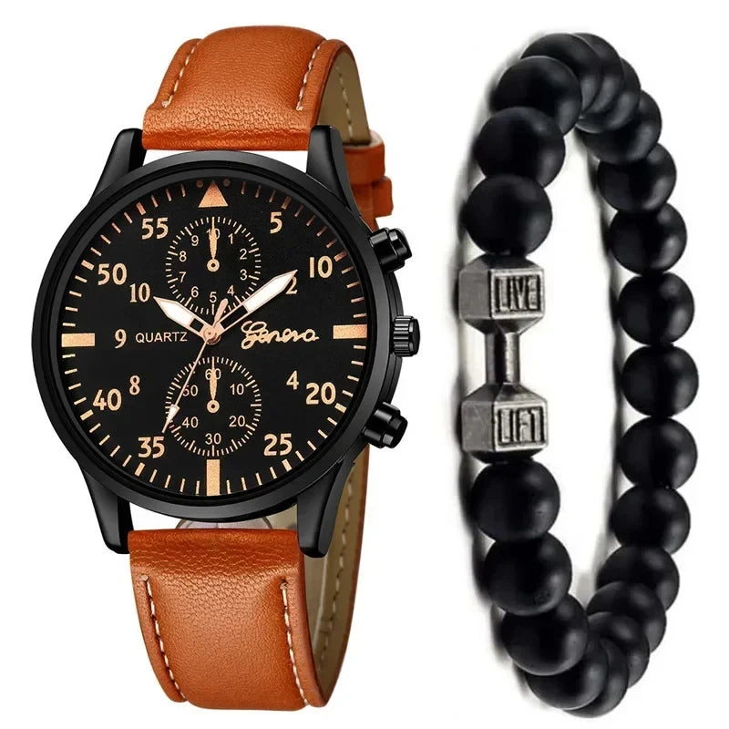 4/2/1pcs Men Sports Watches Set Man Business Quartz Wristwatch Luxury Brown Leather Bracelet Men Casual Clock Watch（no Box）