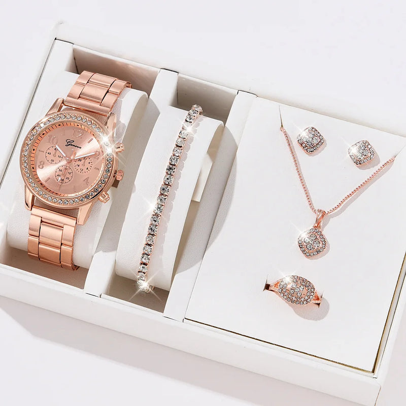 Women Quartz Watch Luxury with Diamonds Simple Stainless Steel Strap Clock Ring Necklace Earrings Rhinestone Set Reloj (no Box)