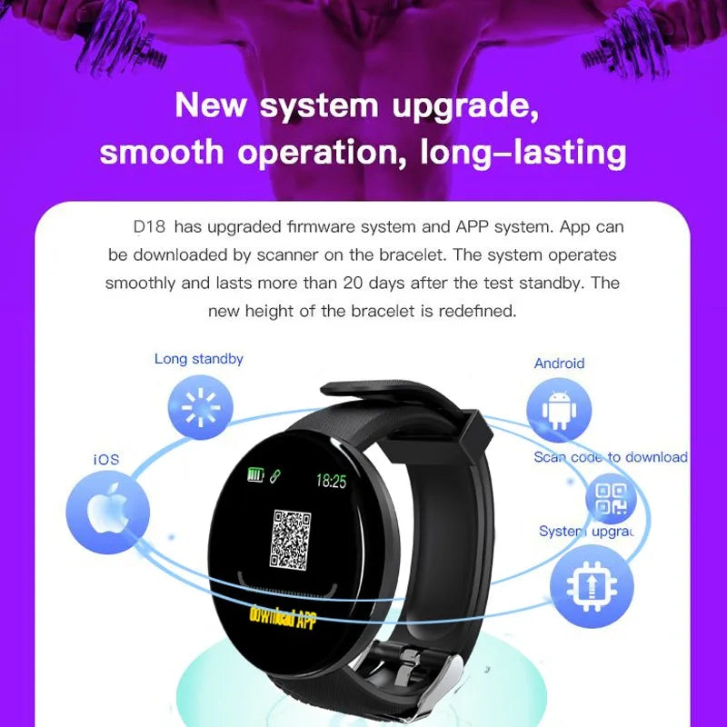 D18 smart watch for men and women, waterproof Digital bracelet with 