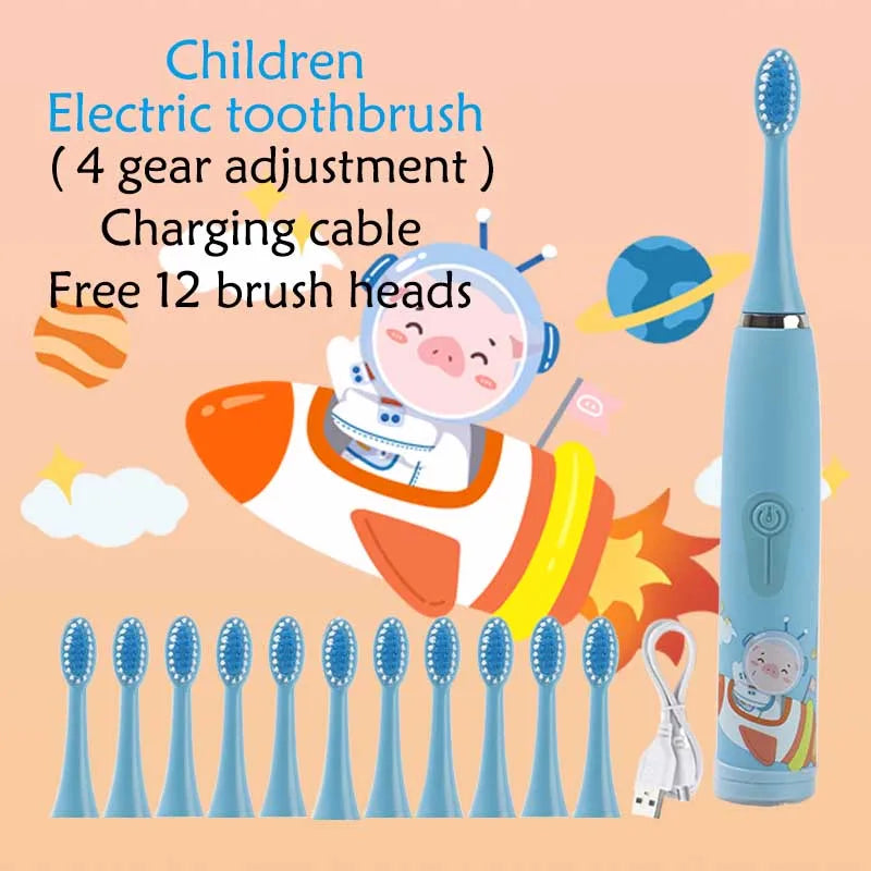 Children Electric Toothbrush Cartoon Kids With Replacement Head Ultrasonic  IPX7 Waterproof Rechargeable Sonic Toothbrush