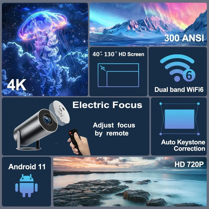 New HY300 Pro plus Projector 4k Android 1280*720P Dual Wifi  Video  Portable Outdoor home hd led proyector cine en casa pro