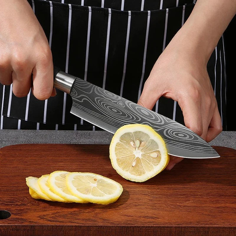 Laser Damascus Pattern Utility Kitchen Knives Scissors Sharpening Rod Set Stainless Steel Sharp Slicing Chef knife Cooking Tool