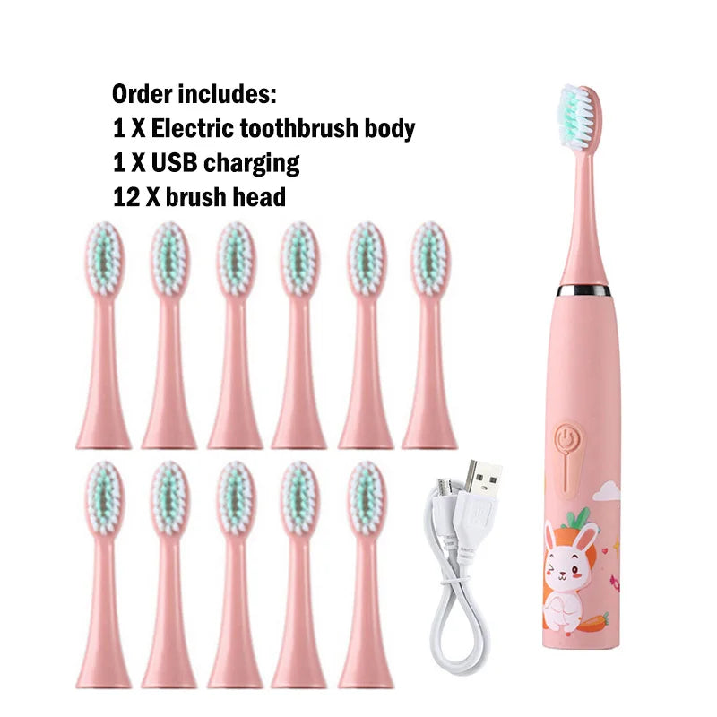 Children Electric Toothbrush Cartoon Kids With Replacement Head Ultrasonic  IPX7 Waterproof Rechargeable Sonic Toothbrush