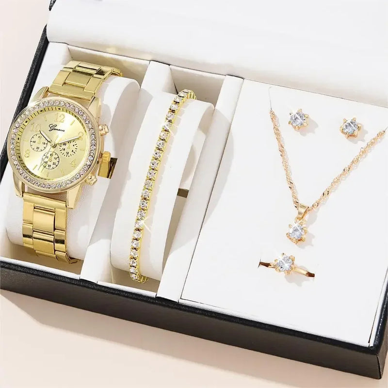 Women Quartz Watch Luxury with Diamonds Simple Stainless Steel Strap Clock Ring Necklace Earrings Rhinestone Set Reloj (no Box)