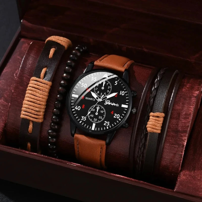 4/2/1pcs Men Sports Watches Set Man Business Quartz Wristwatch Luxury Brown Leather Bracelet Men Casual Clock Watch（no Box）