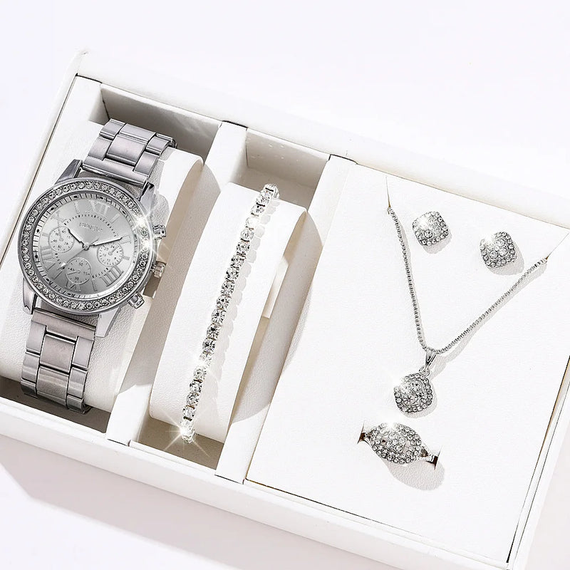 Women Quartz Watch Luxury with Diamonds Simple Stainless Steel Strap Clock Ring Necklace Earrings Rhinestone Set Reloj (no Box)