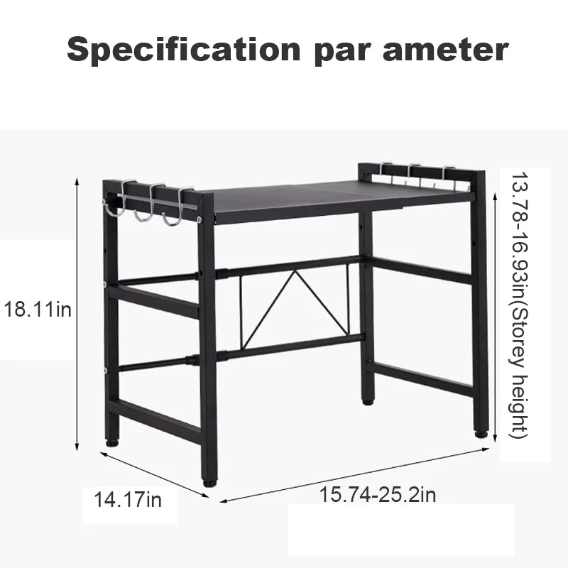 2 Tier Microwave Shelf Carbon Steel Expandable Rack Space-Saving Shelf Organiser with 6 Hooks for Kitchen Worktops White/Black