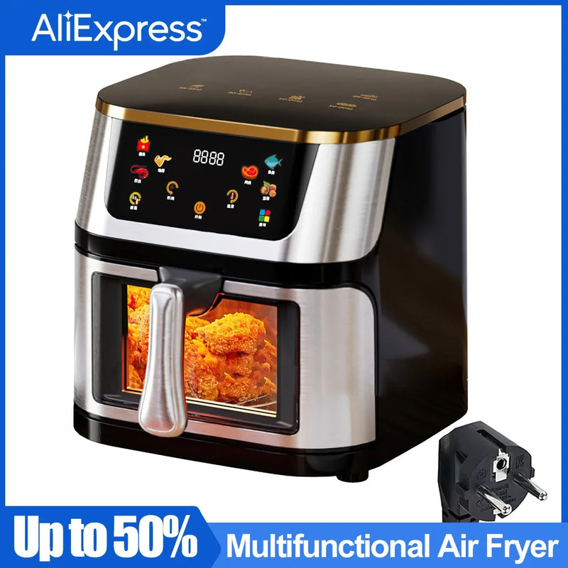 12L Stainless Steel Visible Large Capacity Electric Air Fryer, Multi-function Air Oven, LED Touch Screen,210℃ High Temperature