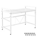 2 Tier Microwave Shelf Carbon Steel Expandable Rack Space-Saving Shelf Organiser with 6 Hooks for Kitchen Worktops White/Black