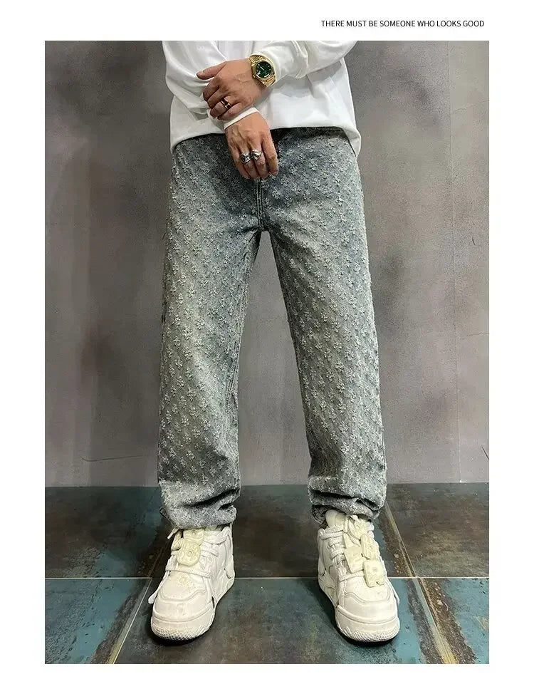 American Style Vintage Men's Jeans Loose Fit Full Printed Design Sensible Niche Straight Leg Pants New Spring Autumn Trendy Bran