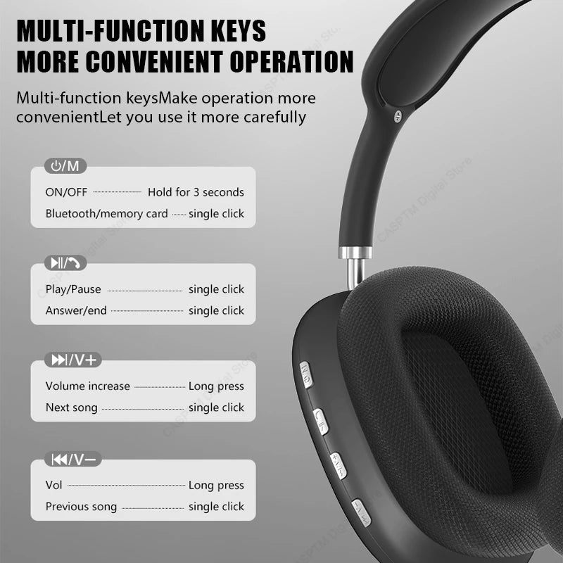 NEW P9 Wireless Bluetooth Headphone Noise Cancelling Earphones Mic Sports Gaming TF Card Slot Headset For Apple Over Ear Headset