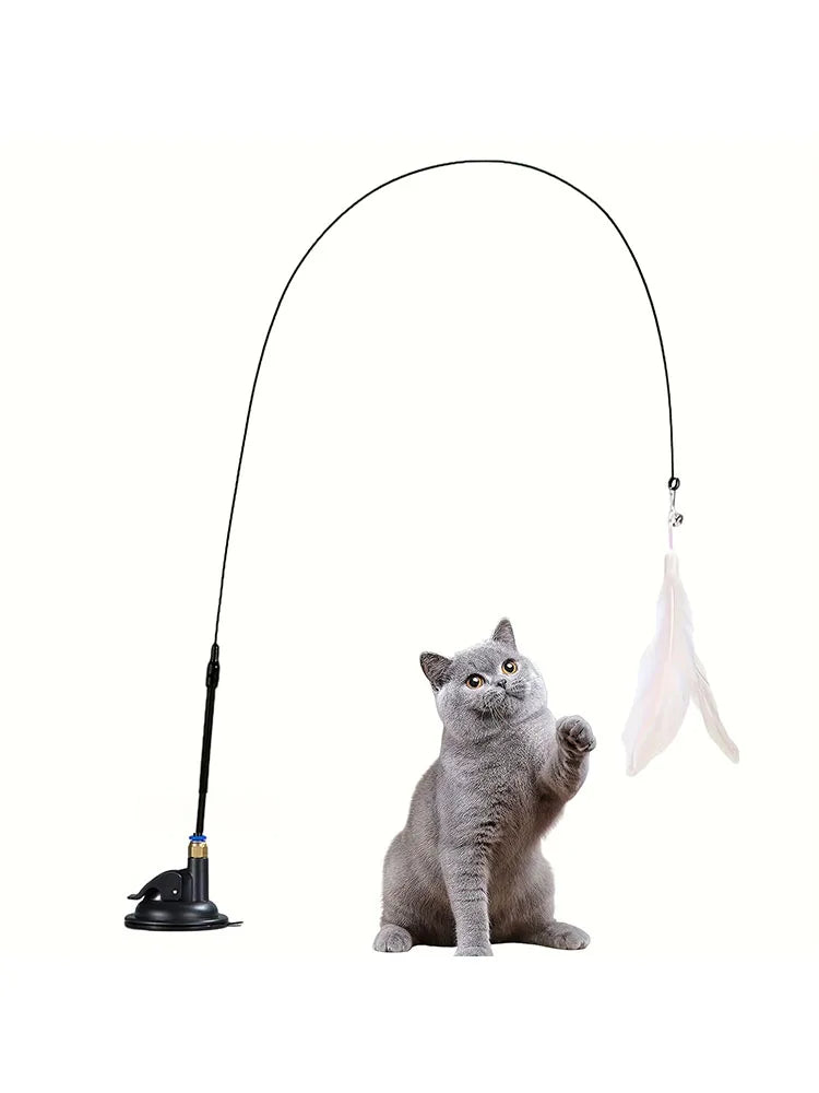 Cat Teaser Toy - Interactive Bell & Feather Wand - Long Suction Cup Pole for Exciting Playtime Adventures - Ultimate Cat Toy