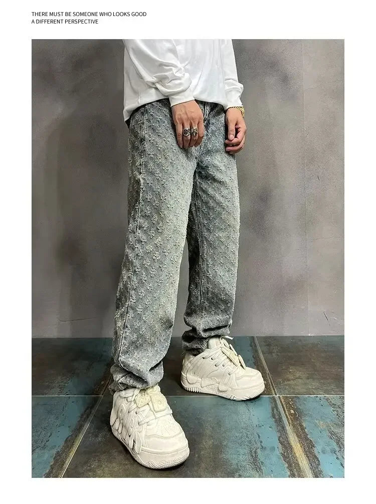 American Style Vintage Men's Jeans Loose Fit Full Printed Design Sensible Niche Straight Leg Pants New Spring Autumn Trendy Bran