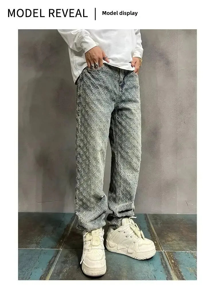 American Style Vintage Men's Jeans Loose Fit Full Printed Design Sensible Niche Straight Leg Pants New Spring Autumn Trendy Bran