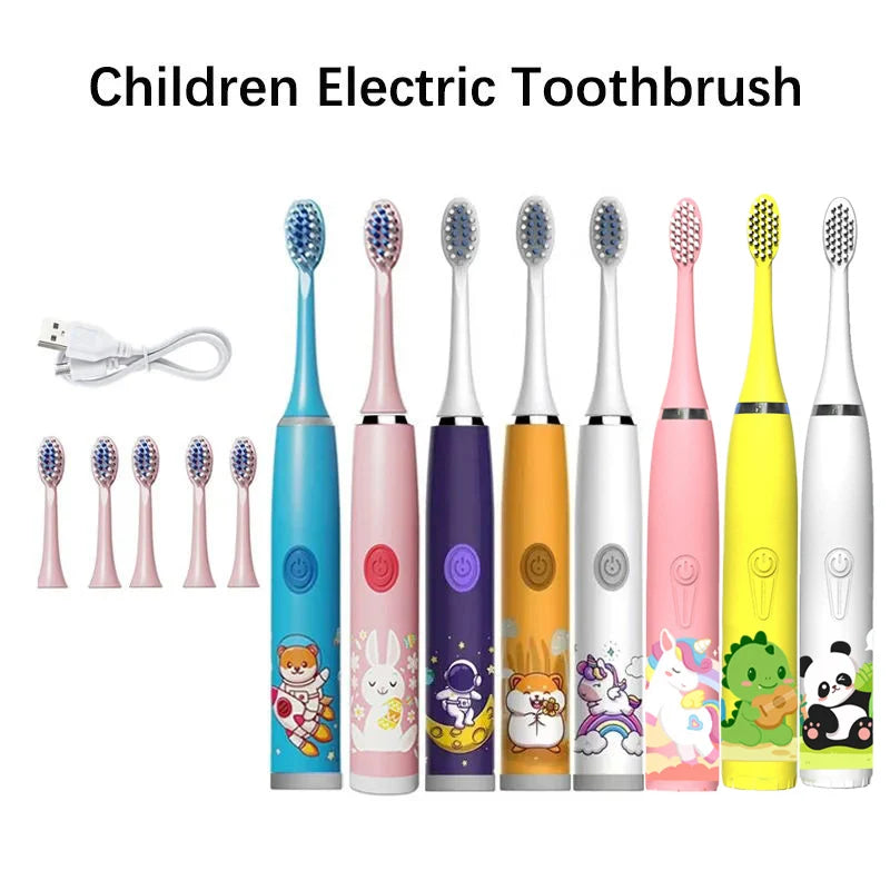 Children Electric Toothbrush Cartoon Kids With Replacement Head Ultrasonic  IPX7 Waterproof Rechargeable Sonic Toothbrush