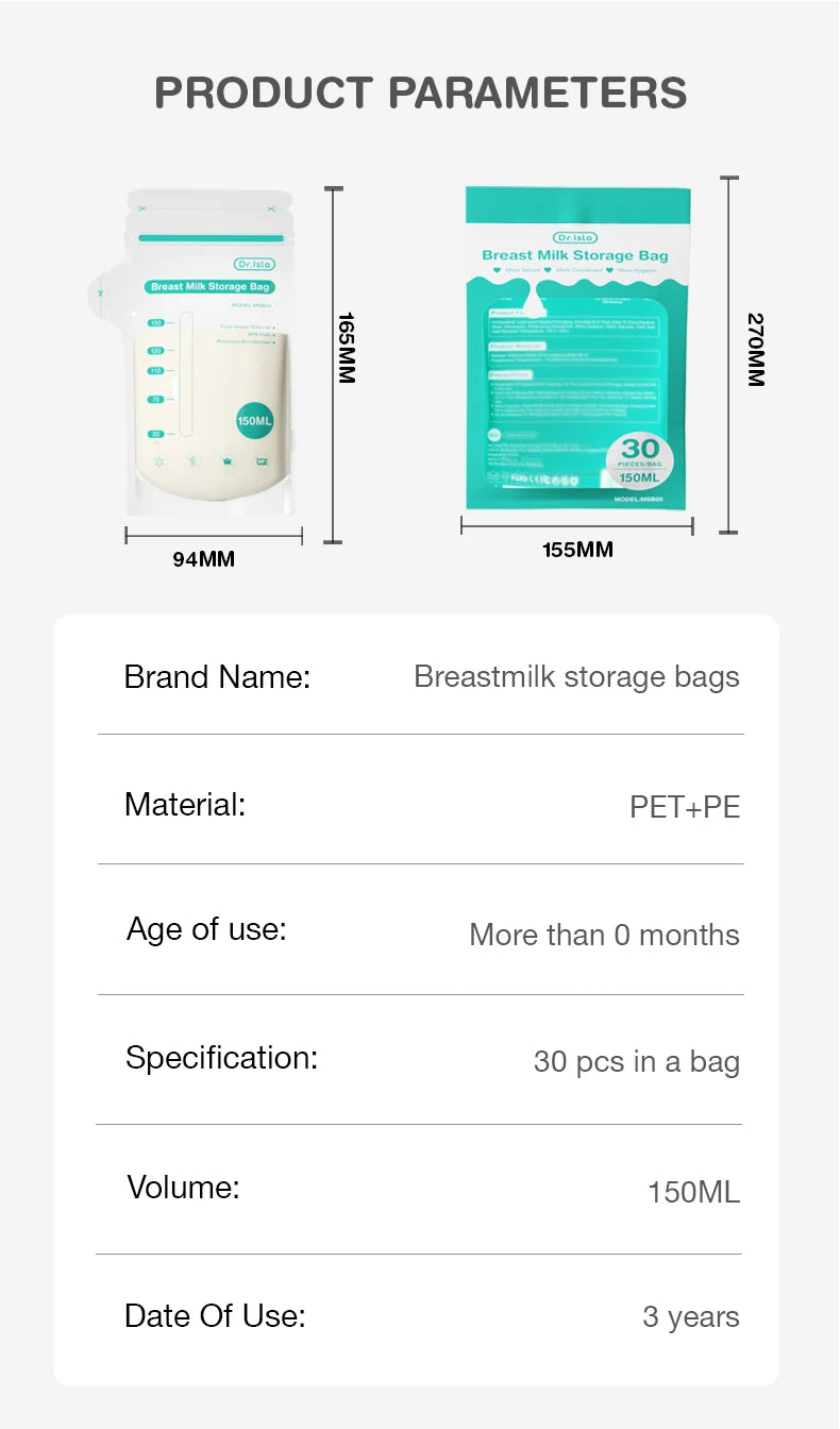 Dr.isla 30Pcs Breast milk storage bag Disposable 150ml capacity frozen milk storage bag BPA Free