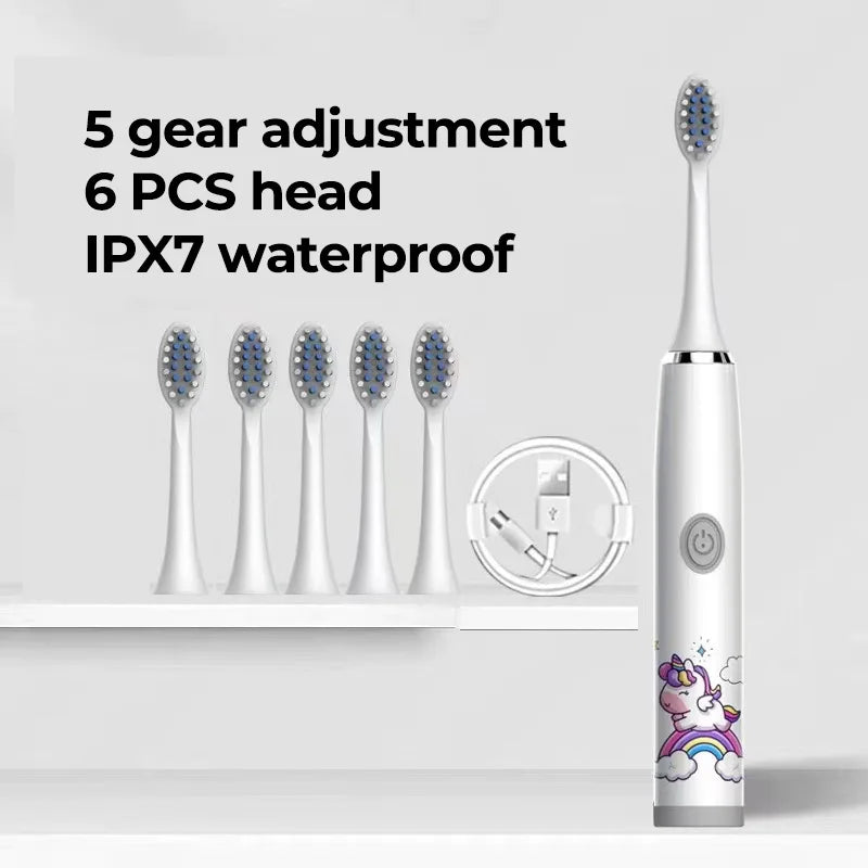 Children Electric Toothbrush Cartoon Kids With Replacement Head Ultrasonic  IPX7 Waterproof Rechargeable Sonic Toothbrush