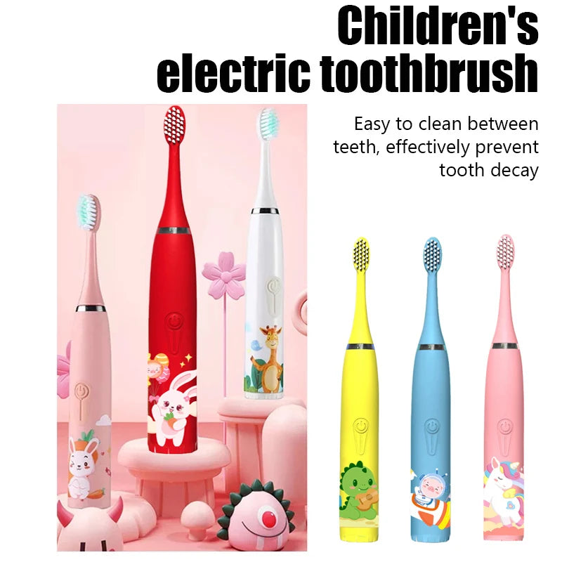 Children Electric Toothbrush Cartoon Kids With Replacement Head Ultrasonic  IPX7 Waterproof Rechargeable Sonic Toothbrush