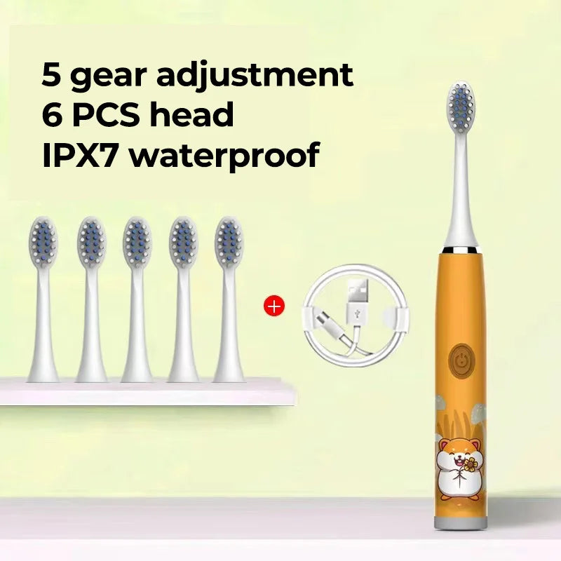 Children Electric Toothbrush Cartoon Kids With Replacement Head Ultrasonic  IPX7 Waterproof Rechargeable Sonic Toothbrush