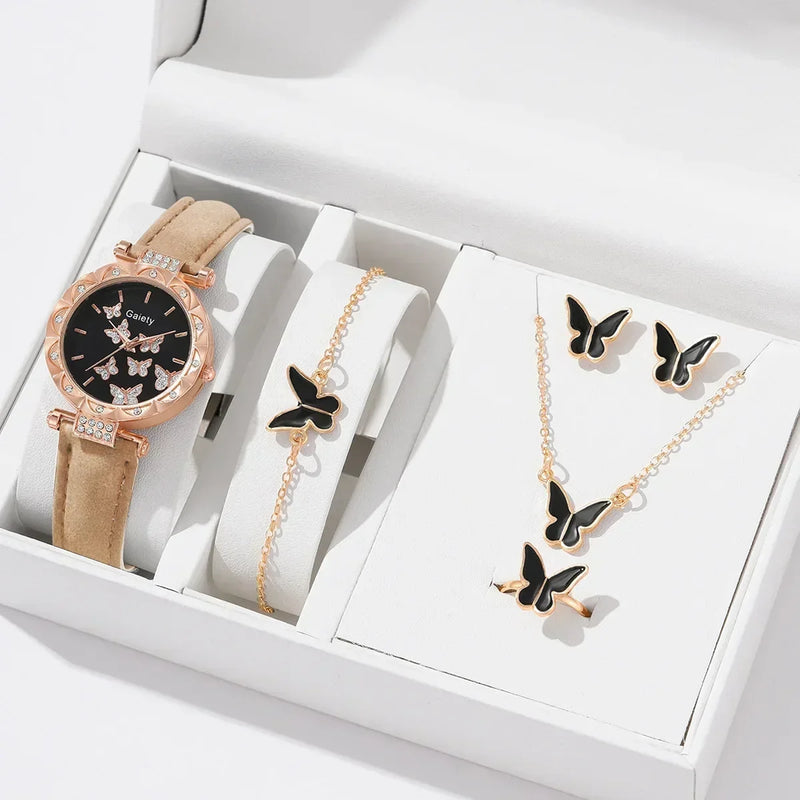 6/1pcs Set Women Watch Ring Necklace Earrings Bracelet Set Watches Butterfly Leather Strap Ladies Quartz WristWatch (No Box)