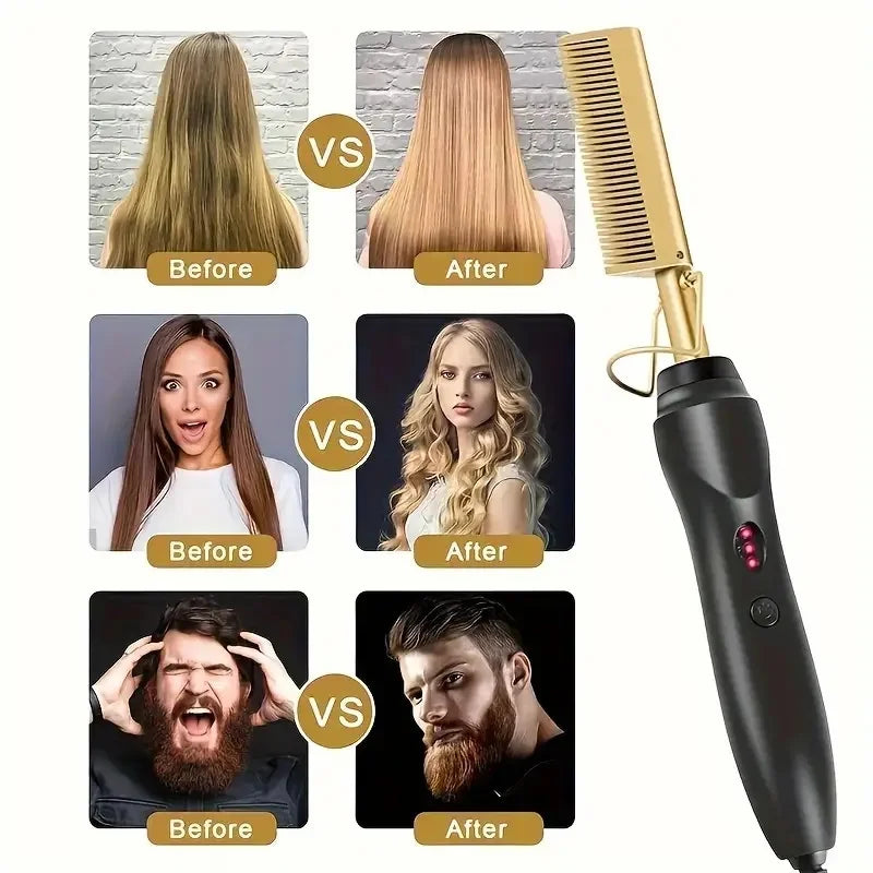 Multi Functional Electric Copper Comb Straightener, Dual-purpose for Comb, Perm Stick, Curly and Straight Hair