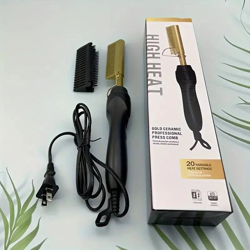 Multi Functional Electric Copper Comb Straightener, Dual-purpose for Comb, Perm Stick, Curly and Straight Hair