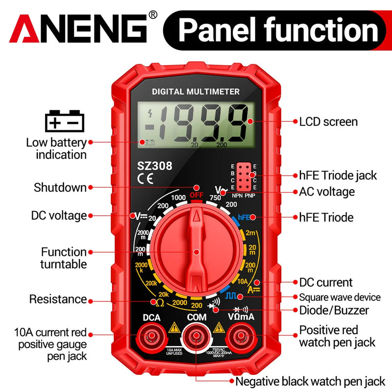 ANENG SZ308 Digital Multimeter   AC/DC Current Meter Voltage Resistance Meter Electrician LCD Backlight Ohm Square Wave Test