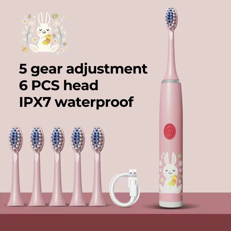 Children Electric Toothbrush Cartoon Kids With Replacement Head Ultrasonic  IPX7 Waterproof Rechargeable Sonic Toothbrush